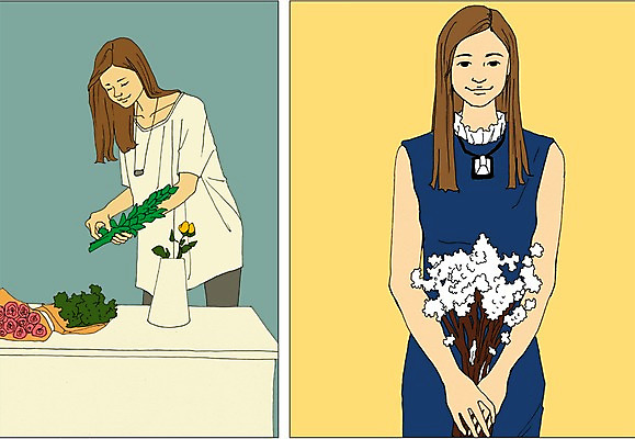 PSD 식물 직업 여자 꽃 일러스트 탁자 사람 성인 두명 꽃병 만화 열정 플로리스트 아트툰 성인여자만 국내일러스트 감정 가구 그림 여자만 성인만 파일형식