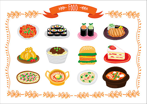 음식 스티커 일러스트 웹소스 피자 스파게티 종류 사람없음 세트 케이크 치킨 초밥 햄버거 라면 돈가스 짜장면 찌개 떡볶이 김밥 아기자기 국내일러스트 AI파일 컨셉 디저트 패스트푸드 파스타 서양음식 중식 면류 커틀릿 분식 닭고기요리 일본음식 파일형식 벡터 편집소스