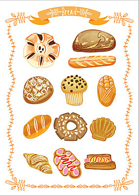 음식 빵 스티커 일러스트 웹소스 디저트 종류 사람없음 세트 크루아상 머핀 단팥빵 페스츄리 아기자기 국내일러스트 AI파일 컨셉 파일형식 벡터 편집소스