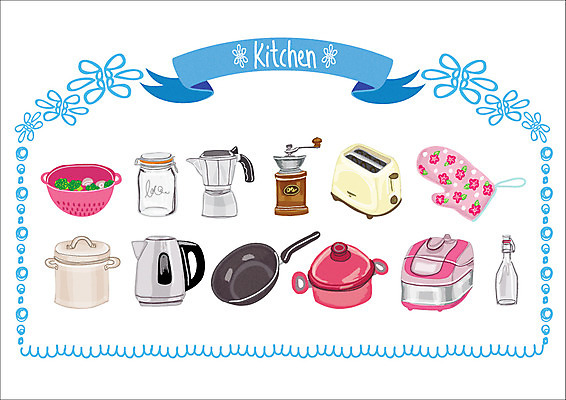 그릇 스티커 일러스트 웹소스 주전자 주방용품 종류 사람없음 세트 주방 프라이팬 병 냄비 커피메이커 그라인더 밥솥 토스트기 아기자기 국내일러스트 AI파일 식기 생활용품 컨셉 가전제품 솥 커피용품 파일형식 벡터 편집소스
