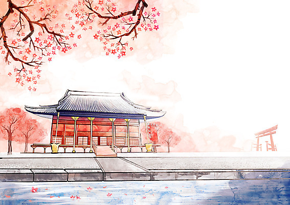 주간 PSD 나무 식물 계절 백그라운드 일러스트 수채화 풍경 사람없음 야외 물 강 일본 봄 벚꽃 편안함 토리이 신사_일본건축 봄배경 국내일러스트 자연요소 꽃 아시아 감각 신사_건축물 일본건축 파일형식