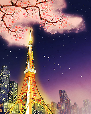 PSD 나무 식물 계절 백그라운드 야경 일러스트 수채화 빌딩 사람없음 야외 탑 일본 봄 벚꽃 도시 편안함 봄배경 국내일러스트 건축물 꽃 아시아 건물 감각 야간 파일형식 풍경_경치