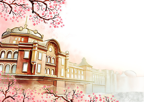 주간 PSD 나무 식물 계절 백그라운드 일러스트 수채화 풍경 사람없음 야외 건물 일본 봄 벚꽃 도시 편안함 도쿄역 봄배경 국내일러스트 자연요소 건축물 꽃 아시아 감각 역 도쿄 파일형식