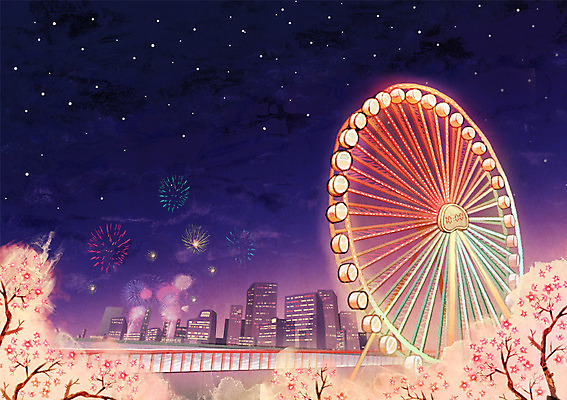 PSD 나무 식물 계절 백그라운드 야경 일러스트 밤하늘 수채화 불꽃놀이 빌딩 사람없음 야외 일본 봄 벚꽃 도시 야간 편안함 대관람차 봄배경 국내일러스트 자연요소 꽃 아시아 놀이 하늘 건물 감각 놀이기구 파일형식 풍경_경치
