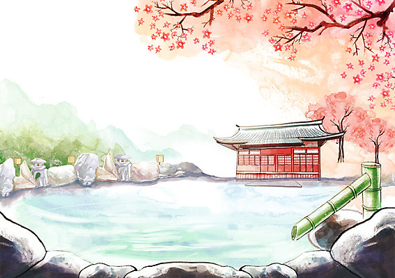 PSD 나무 식물 계절 백그라운드 일러스트 수채화 풍경 사람없음 야외 물 일본 봄 벚꽃 돌_바위 바위 연못 편안함 신사_일본건축 봄배경 국내일러스트 자연요소 꽃 아시아 감각 일본건축 파일형식