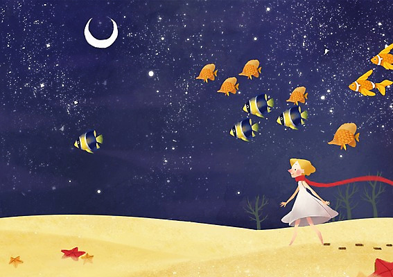 PSD 여자 어린이 백그라운드 일러스트 상상 밤하늘 불가사리 어류 한명 사람 소녀 판타지 모래사장 달 신비 열대어 어린이상상 소녀한명만 동심 국내일러스트 자연요소 1 바다 컨셉 하늘 극피동물 수중동물 야간 여자한명만 소녀만 파일형식