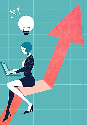 PSD 여자 화살표 일러스트 비즈니스 전구 아이디어 한명 사람 성인 노트북 비즈니스우먼 상승 열정 국내일러스트 1 감정 컨셉 전자제품 직장인 파일형식