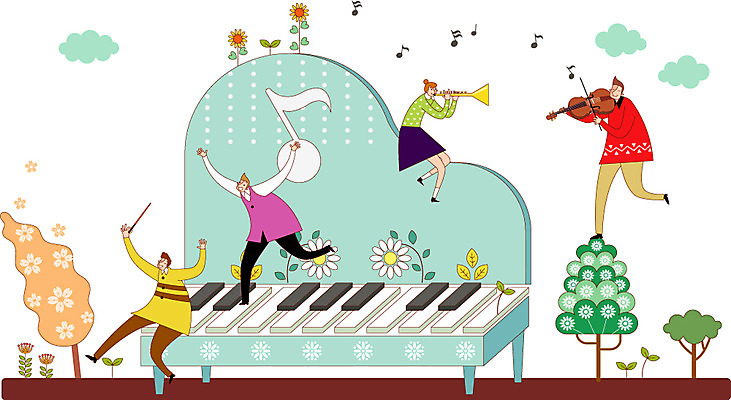 학생 여자 교육 남자 악기 음악 연주 음표 일러스트 사람 여러명 성인 건반 피아노 바이올린 열정 트럼펫 지휘 성인만 국내일러스트 AI파일 기호 감정 다수 현악기 문화예술 건반악기 금관악기 파일형식 벡터