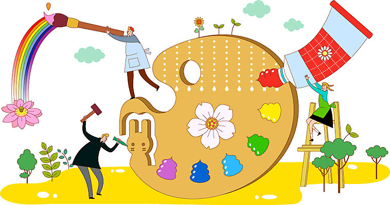 학생 여자 교육 남자 예술 일러스트 미술 사람 성인 세명 물감 붓 팔레트 이젤 열정 성인만 국내일러스트 AI파일 감정 문화예술 미술도구 파일형식 벡터