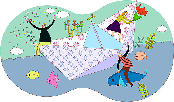 학생 여자 교육 남자 바다 일러스트 어류 사람 성인 세명 종이접기 종이배 열정 성인만 국내일러스트 AI파일 감정 종이 수중동물 접기 파일형식 벡터