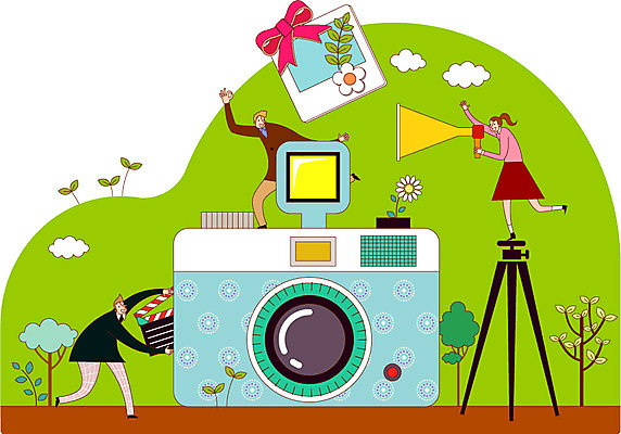 학생 여자 교육 남자 일러스트 사람 성인 세명 카메라 촬영 확성기 열정 삼각대 기념사진 성인만 국내일러스트 AI파일 감정 전자제품 파일형식 벡터