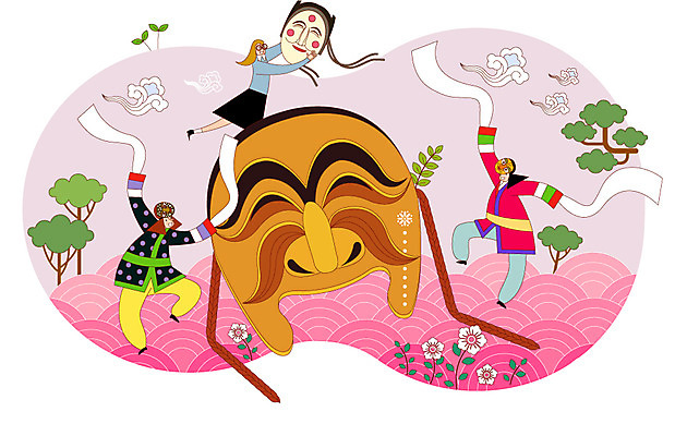 학생 전통 여자 교육 남자 일러스트 사람 성인 세명 전통놀이 한복 탈춤 탈 열정 하회탈 성인만 국내일러스트 AI파일 한국전통 감정 놀이 가면 전통의상 전통공연 전통무용 파일형식 벡터