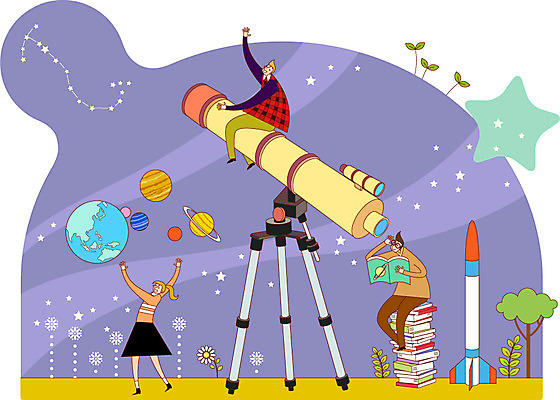 학생 여자 교육 남자 별 지구 일러스트 사람 여러명 성인 책 우주 망원경 별자리 행성 로켓 열정 천문학 성인만 국내일러스트 AI파일 자연요소 감정 다수 파일형식 벡터