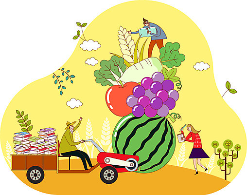 학생 여자 교육 남자 채소 과일 일러스트 포도 수박 사람 여러명 성인 책 농사 사과 무 배추 보리 열정 경운기 성인만 국내일러스트 AI파일 감정 다수 농업 곡류 뿌리채소 농기계 파일형식 벡터