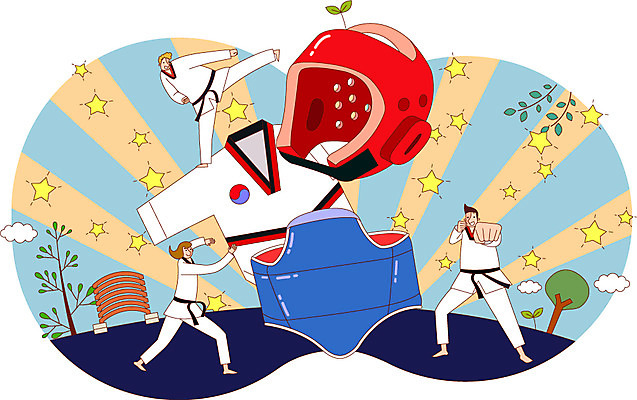 학생 여자 교육 남자 일러스트 사람 성인 세명 운동 헬멧 보호장비 태권도 열정 격파 성인만 국내일러스트 AI파일 감정 모션 건강 격투기 장비 파일형식 벡터