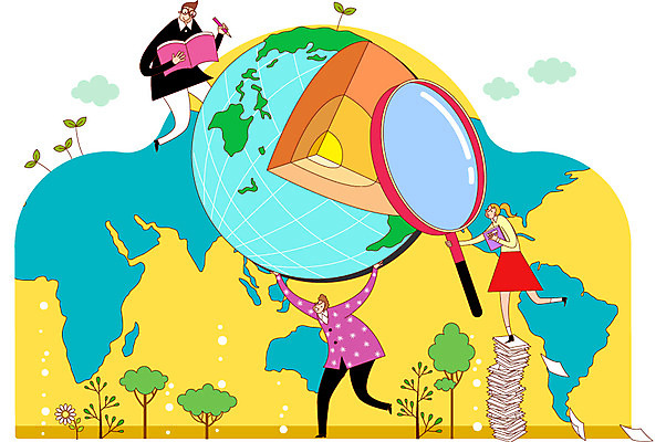 학생 여자 교육 남자 종이 세계지도 일러스트 돋보기 사람 성인 세명 지구본 열정 지구과학 성인만 국내일러스트 AI파일 감정 과학 지도 세계 파일형식 벡터