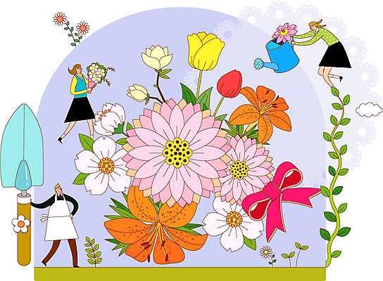 식물 학생 여자 교육 남자 꽃 리본 일러스트 사람 성인 세명 물뿌리개 모종삽 삽 원예 열정 성인만 국내일러스트 AI파일 감정 취미 파일형식 벡터