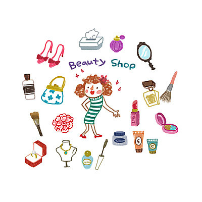 PSD 라이프스타일 여자 구두 스티커 가방 일러스트 목걸이 장신구 한명 사람 성인 뷰티 화장품 거울 립스틱 반지 붓 화장지 뷰티샵 볼터치 향수 마스카라 아기자기 국내일러스트 1 잡화 신발 컨셉 생활 화장 상점 파일형식