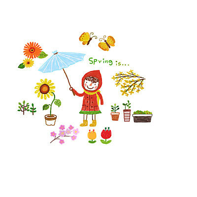 PSD 나무 식물 라이프스타일 계절 여자 꽃 화분 나비 곤충 스티커 일러스트 우산 한명 사람 성인 봄 튤립 벚꽃 개나리 아기자기 국내일러스트 동물 1 컨셉 생활 파일형식