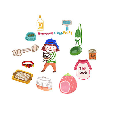 PSD 라이프스타일 여자 스티커 일러스트 뼈 한명 사람 성인 반려동물 강아지 먹이 애견용품 개목걸이 개집 아기자기 국내일러스트 동물 1 컨셉 생활 개 파일형식 반려용품