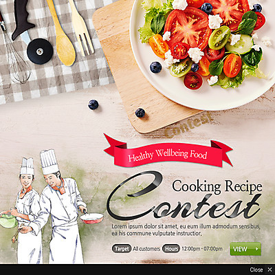 PSD 템플릿 여자 남자 음식 웹템플릿 주방용품 도마 팝업 이벤트팝업 웹팝업 요리사모자 요리 사람 이벤트 성인 두명 요리사 샐러드 조리복 레시피 콘테스트 성인만 이미지템플릿 직업 모자_잡화 생활용품 유니폼 대회 파일형식