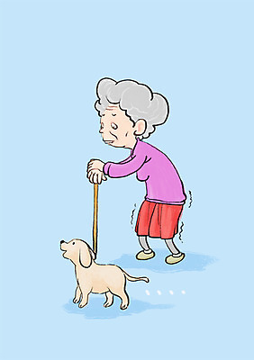 PSD 여자 노년 할머니 일러스트 의학 지팡이 한명 사람 반려동물 강아지 질병 연약 국내일러스트 동물 1 컨셉 성인 개 파일형식
