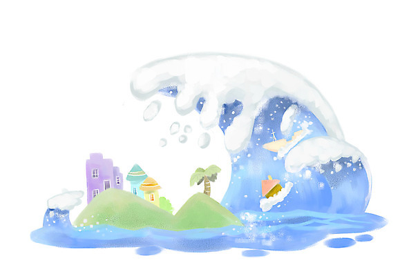 PSD 나무 파도 섬 일러스트 주택 사람없음 야자수 환경 위험 자연재해 쓰나미 국내일러스트 식물 바다 컨셉 건물 재해 해일 파일형식