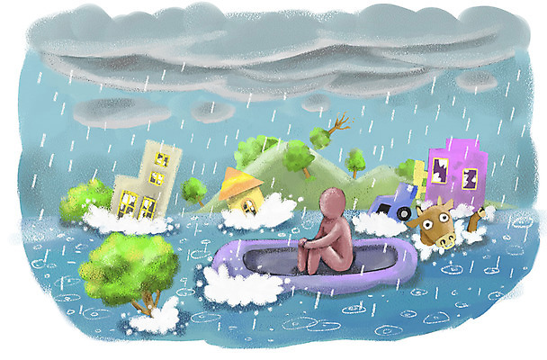 PSD 나무 동물 구름 일러스트 자동차 날씨 주택 한명 사람 성인 환경 잠김 비 보트 소 위험 홍수 자연재해 성인만 국내일러스트 자연요소 식물 1 육상교통 컨셉 배_교통 포유류 건물 재해 파일형식