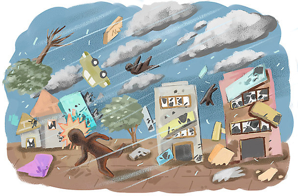 PSD 구름 일러스트 바람 사람 성인 건물 세명 마을 환경 위험 자연재해 태풍 강풍 성인만 국내일러스트 자연요소 건축물 컨셉 날씨 재해 파일형식