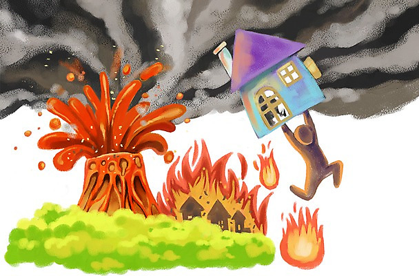 PSD 일러스트 불 주택 사람 마을 환경 위험 자연재해 화재 화산 분출 용암 국내일러스트 자연요소 컨셉 산 건물 사건 재해 파일형식