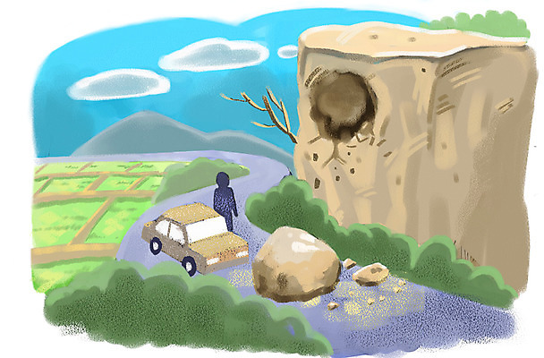 PSD 도로 일러스트 자동차 사람 야외 환경 절벽 돌_바위 바위 위험 자연재해 산사태 국내일러스트 길 육상교통 컨셉 교통시설 재해 파일형식