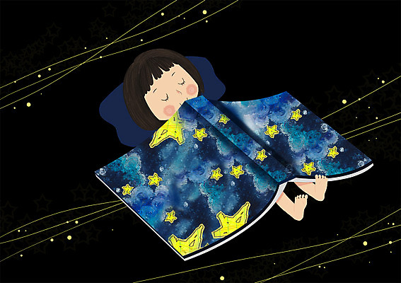 PSD 여자 별 어린이 일러스트 베개 한명 사람 소녀 책 잠 꿈나라 소녀한명만 국내일러스트 자연요소 1 침구 꿈 여자한명만 소녀만 파일형식