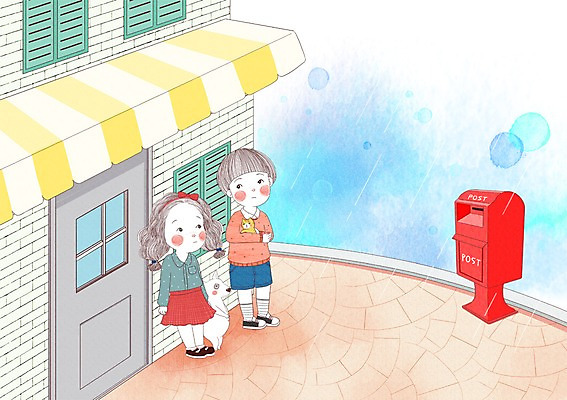 전신 PSD 여자 남자 어린이라이프 어린이 일러스트 사람 두명 건물 우체통 비 피하기 어린이만 국내일러스트 자연요소 라이프스타일 건축물 모션 날씨 파일형식