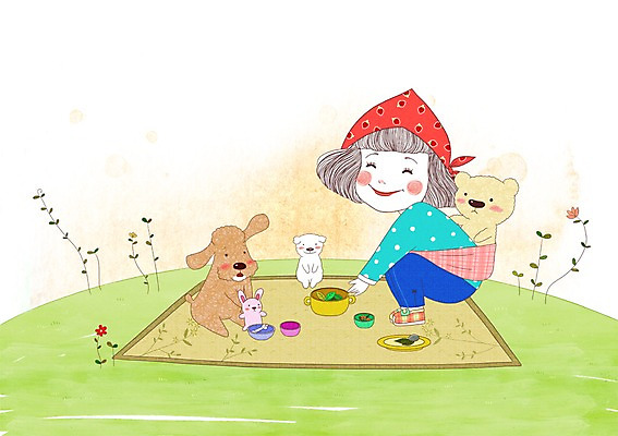 전신 PSD 식물 여자 꽃 어린이라이프 어린이 일러스트 한명 사람 앉기 소녀 잔디 곰인형 개 돗자리 소꿉놀이 소녀한명만 국내일러스트 1 라이프스타일 인형 포유류 모션 놀이 여자한명만 소녀만 파일형식