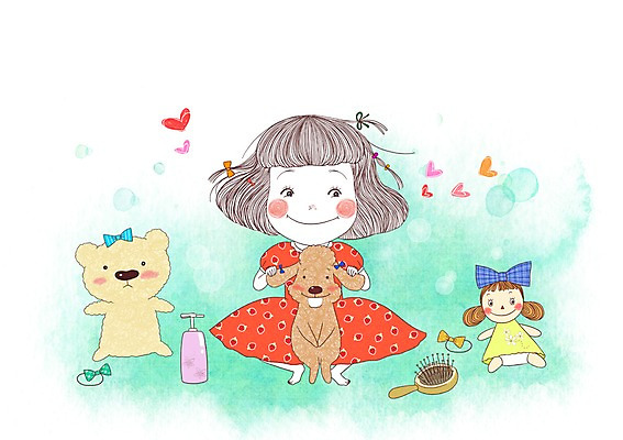 전신 PSD 여자 어린이라이프 어린이 일러스트 한명 사람 소녀 장난감 귀여움 곰인형 하트 머리빗 개 단장 소녀한명만 국내일러스트 모양 1 라이프스타일 인형 컨셉 포유류 미용용품 여자한명만 소녀만 파일형식