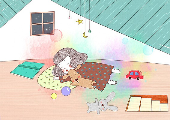 전신 PSD 여자 어린이라이프 어린이 엎드리기 쿠션 일러스트 창문 한명 사람 소녀 책 눕기 장난감 계단 잠 개 다락방 소녀한명만 국내일러스트 1 라이프스타일 포유류 모션 여자한명만 소녀만 파일형식