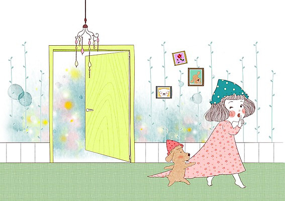 전신 PSD 여자 어린이라이프 어린이 일러스트 한명 사람 손짓 소녀 방 잠옷 개 쉿 까치발 소녀한명만 국내일러스트 1 라이프스타일 옷 포유류 모션 발 조용 여자한명만 소녀만 파일형식