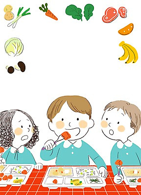 PSD 여자 남자 어린이라이프 어린이 음식 포크 채소 과일 일러스트 식재료 탁자 함께함 바나나 육류 사람 세명 버섯 유치원 유치원생 당근 양배추 파 식판 급식 편식 어린이만 국내일러스트 라이프스타일 식기 교육 가구 컨셉 뿌리채소 식생활 파일형식