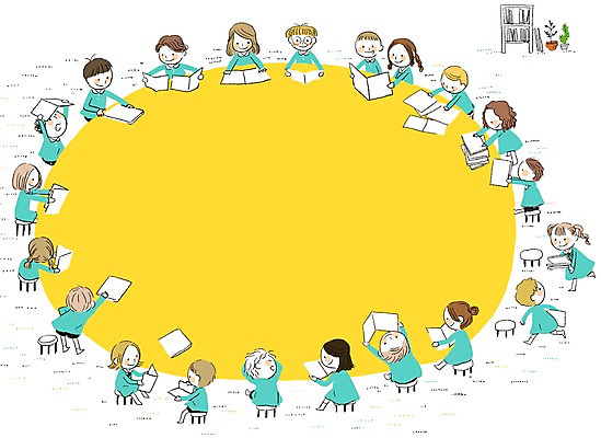 PSD 여자 남자 어린이라이프 어린이 의자 일러스트 탁자 함께함 사람 여러명 책 독서 유치원 유치원생 어린이만 국내일러스트 라이프스타일 교육 가구 다수 컨셉 파일형식