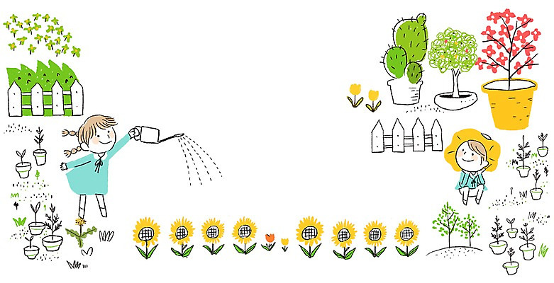 PSD 식물 여자 남자 꽃 어린이라이프 화분 어린이 일러스트 선인장 함께함 사람 두명 유치원 유치원생 물뿌리개 물주기 어린이만 국내일러스트 라이프스타일 교육 컨셉 모션 파일형식