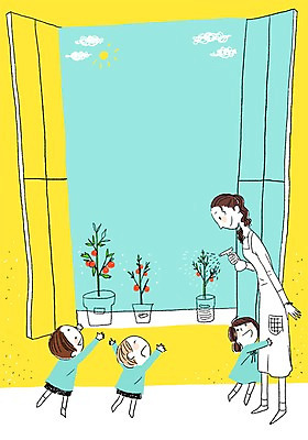 PSD 여자 남자 어린이라이프 화분 어린이 일러스트 창문 방울토마토 함께함 사람 여러명 성인 교사 유치원 유치원생 물뿌리개 물주기 국내일러스트 직업 라이프스타일 교육 다수 컨셉 토마토 모션 파일형식