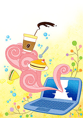 PSD 커피 음식 일러스트 상상 샌드위치 사람없음 노트북 케이크 디지털 언론 소통 채팅 국내일러스트 음료 컨셉 디저트 전자제품 파일형식