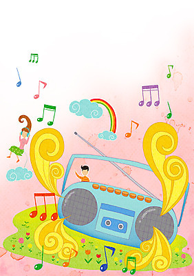 PSD 커플 여자 남자 음악 음표 일러스트 상상 사람 성인 두명 음악감상 라디오 언론 국내일러스트 기호 관계 문화예술 전자제품 감상 파일형식