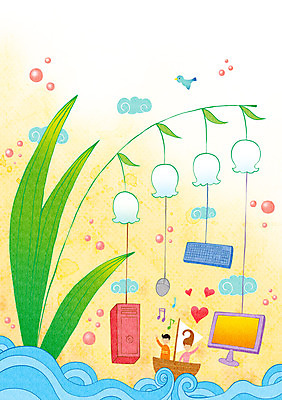 PSD 식물 커플 여자 남자 꽃 바다 일러스트 상상 항해 사람 성인 두명 컴퓨터 디지털 모니터 키보드 마우스 언론 선박 국내일러스트 수상교통 배_교통 관계 전자제품 컴퓨터용품 파일형식