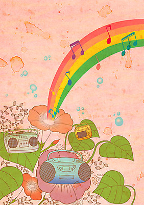 PSD 식물 꽃 음악 무지개 음표 일러스트 상상 사람없음 디지털 라디오 언론 나팔꽃 국내일러스트 자연요소 기호 문화예술 전자제품 파일형식