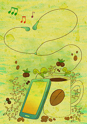 PSD 이어폰 음표 일러스트 상상 사람없음 스마트폰 디지털 원두 커피잔 언론 국내일러스트 기호 커피 음악 음향기기 잔 핸드폰 스마트기기 파일형식