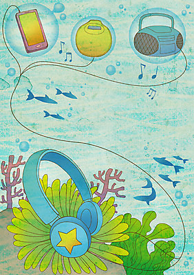 PSD 일러스트 상상 어류 사람없음 스마트폰 디지털 헤드폰 바닷속 해조류 라디오 언론 시디플레이어 국내일러스트 음향기기 전자제품 핸드폰 스마트기기 수중 수중동물 해양식물 파일형식