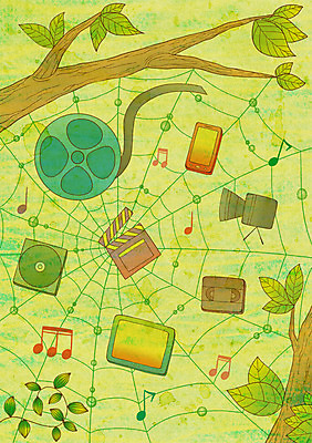 PSD 나무 식물 음표 일러스트 상상 나뭇잎 사람없음 스마트폰 태블릿 디지털 CD 카세트테이프 거미줄 필름 테이프 언론 국내일러스트 기호 음악 잎 문구용품 전자제품 핸드폰 스마트기기 파일형식