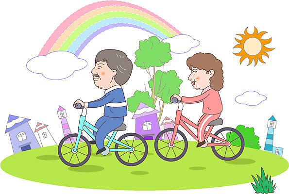 주간 부부 여자 노년 남자 무지개 일러스트 주택 사람 야외 두명 운동 태양 마을 자전거 노부부 복지 노인복지 노인만 국내일러스트 AI파일 자연요소 커플 건강 성인 건물 바이크 사회이슈 성인만 파일형식 벡터