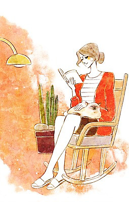 PSD 동물 한마리 여자 행복 화분 의자 일러스트 조명 함께함 한명 사람 성인 책 반려동물 독서 귀여움 고양이 동물보호 국내일러스트 1 감정 가구 컨셉 포유류 사회이슈 파일형식